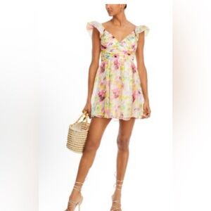 Aqua Floral Mini Dress - Pink, Yellow, Green